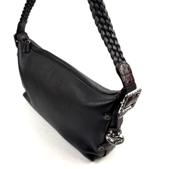 Brighton Handbag Black Brown Leather Shoulder Bag Purse Bag Charm Silver Accent - Picture 1 of 16
